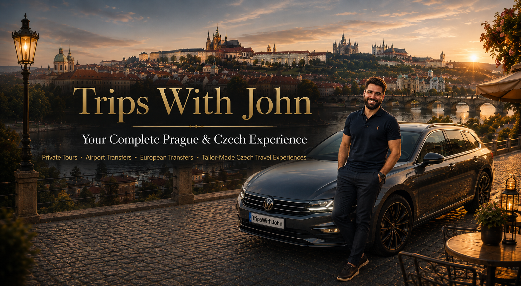 John with his car and Prague Castle at sunset